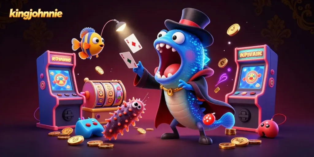 Experience the magic of kingjohnnie with a 3D illustration of a lively casino scene featuring unique underwater characters.