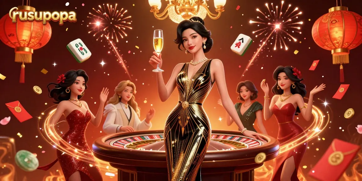 Experience winning moments at rusupopa with a glamorous casino celebration featuring floating mahjong tiles and vibrant energy.