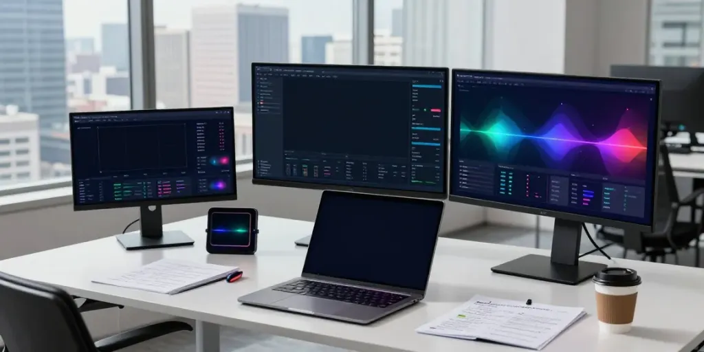 Instagram crypto workspace with trading charts, digital wallet, and modern desk setup.