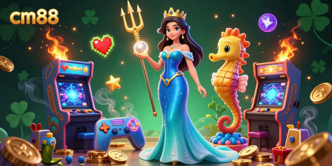 Experience thrilling gameplay with cm88 featuring a stunning woman and seahorse king in a vibrant casino scene.