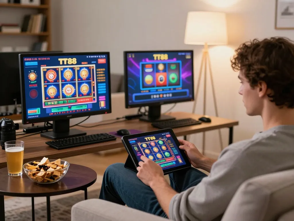 Engaging gameplay at TT88 casino on a tablet with vibrant slots and poker.