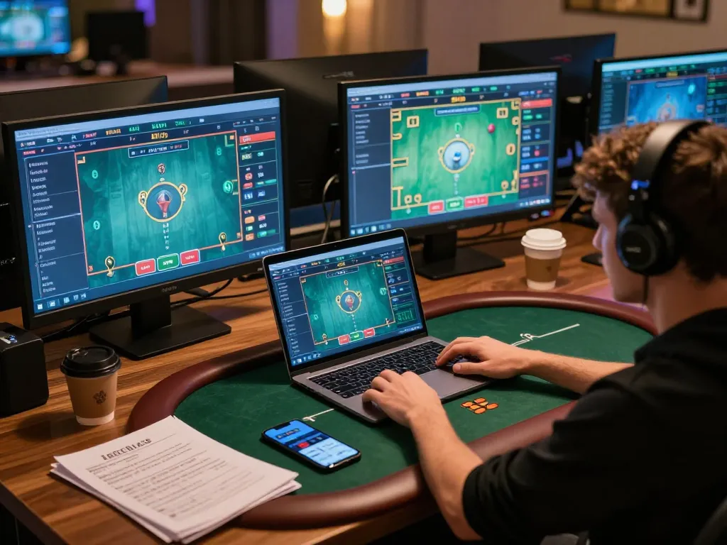 7M user engaged in a strategic online poker game at home with multiple devices and betting notes.