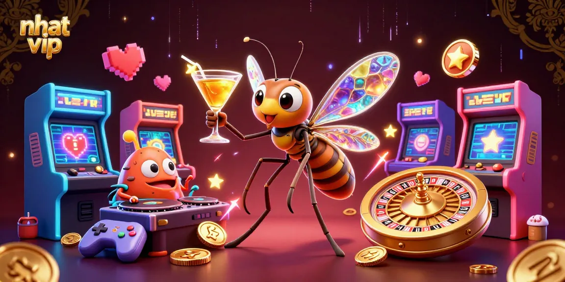 Engage with the exciting games at nhat vip, featuring a dynamic casino scene with vibrant 3D elements.