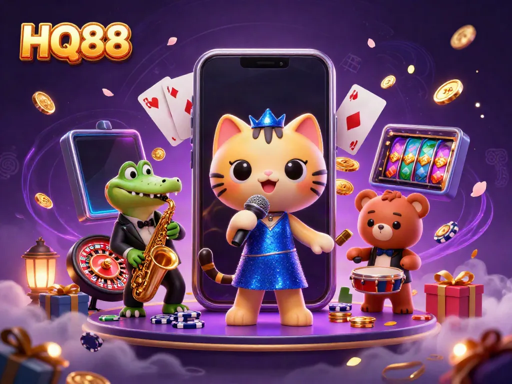 Experience thrilling casino action with HQ88's vibrant jazz-themed illustration featuring lively characters.