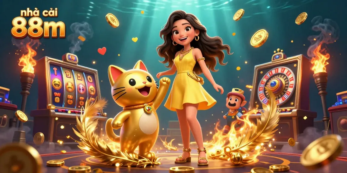 Spin and win with nhà cái 88m in a vibrant casino scene filled with golden coins and cheerful characters.