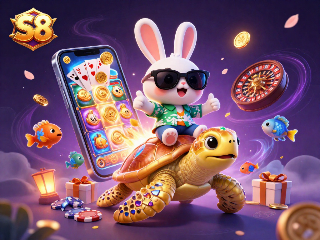 S8 luck and excitement with a 3D rabbit and sea turtle in a vibrant gambling scene