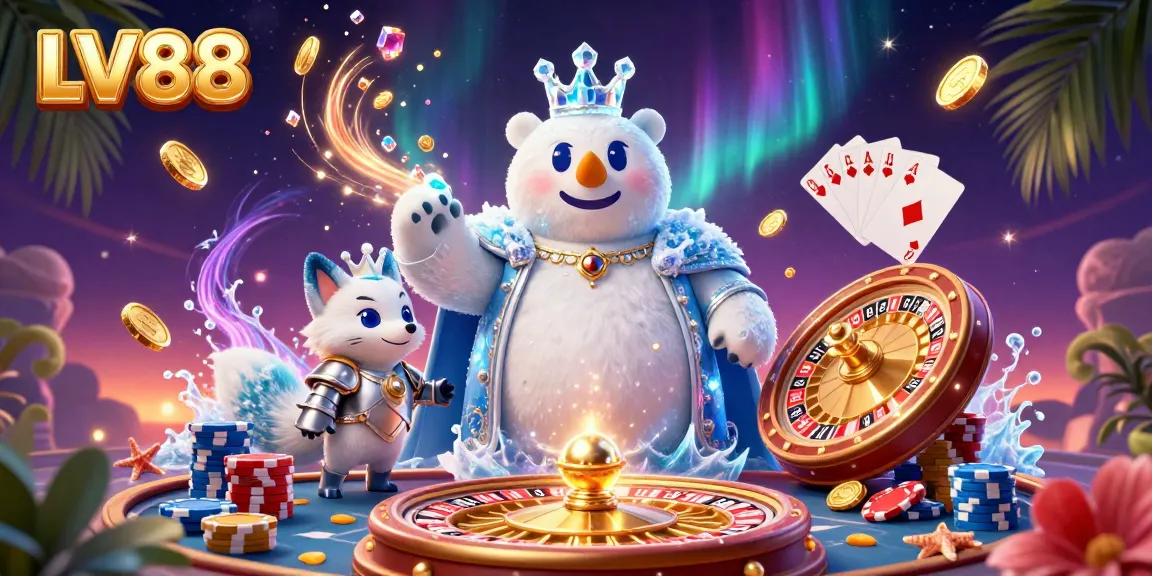Experience the thrill of LV88 with a vibrant 3D scene featuring animated characters, playing cards, and golden gems.