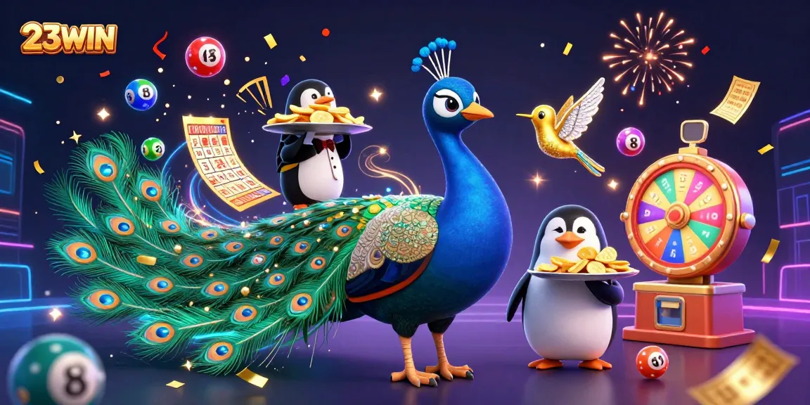 Experience dynamic gambling at 23WIN with a vibrant scene featuring a peacock, penguin, and lottery elements.