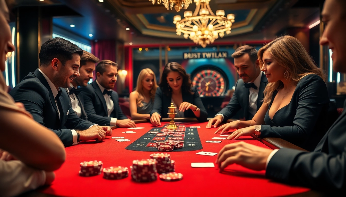 Players enjoying a thrilling poker game at 68win casino table with vibrant ambiance.