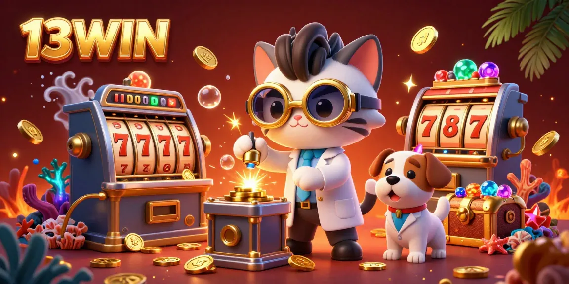 Join the thrilling adventure in 13WIN's vibrant casino scene with a mad scientist cat and golden bubbles!