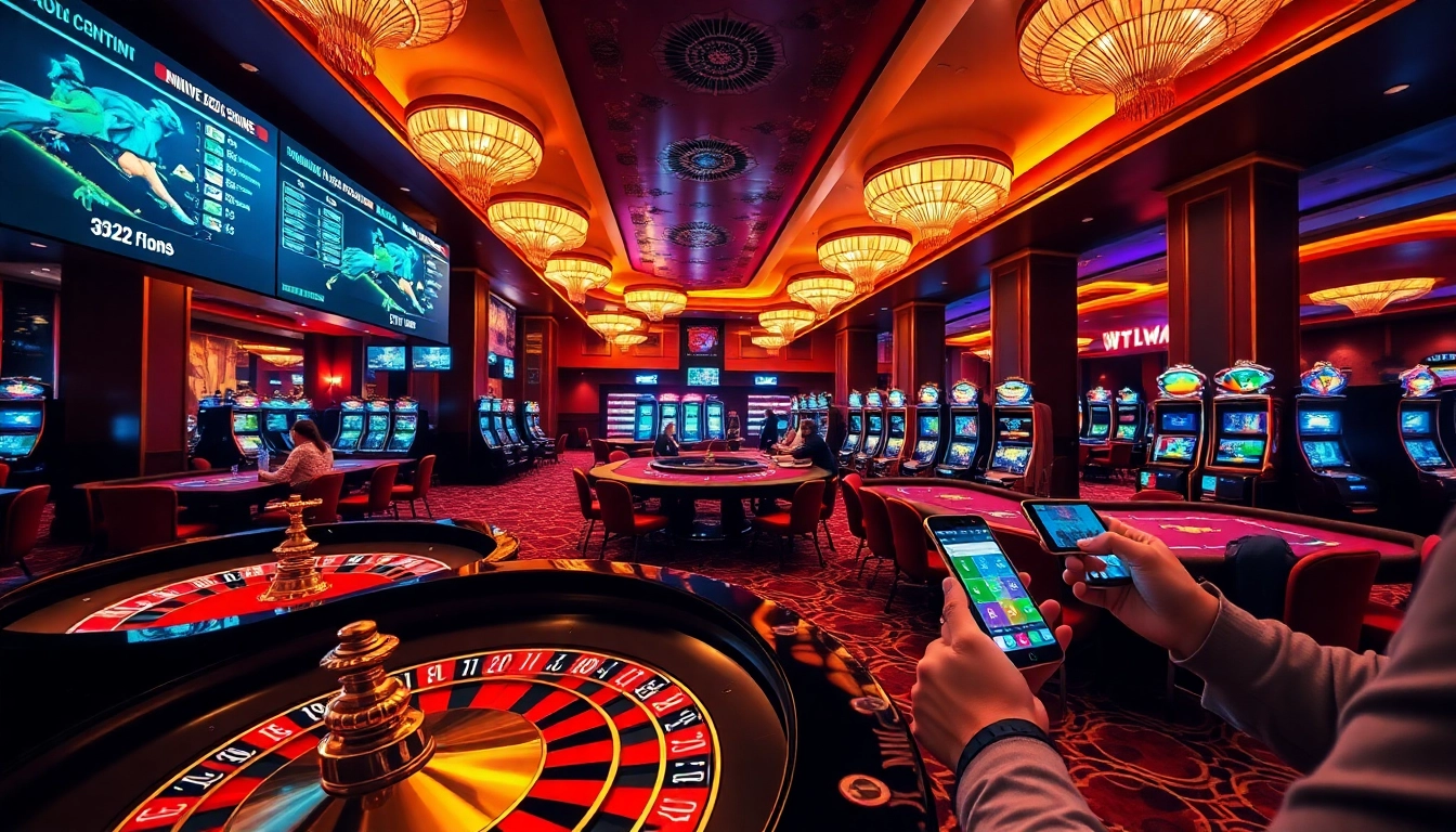 A vibrant casino scene showcasing the luxury and excitement of gambling at tập đoàn kjc with poker tables and glowing slot machines.