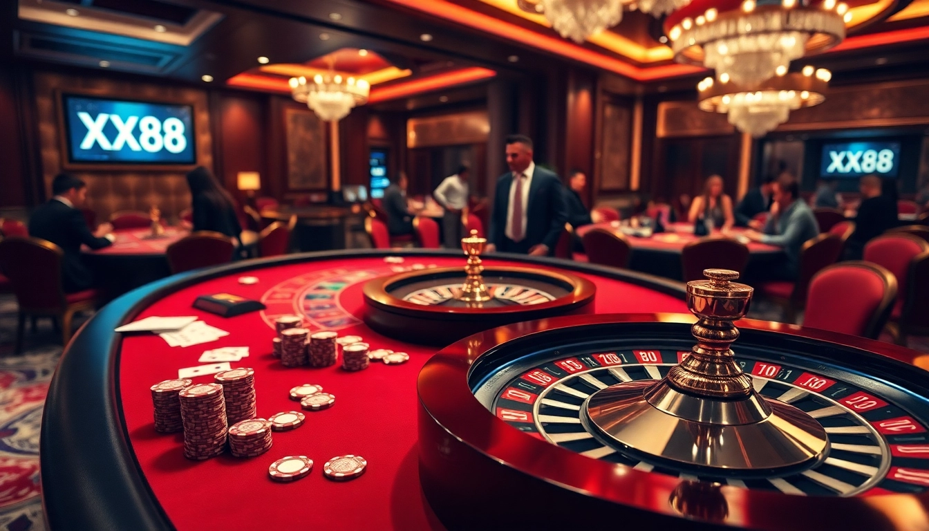 Experience the thrill of gambling at XX88 with our vibrant casino scene featuring a roulette wheel.