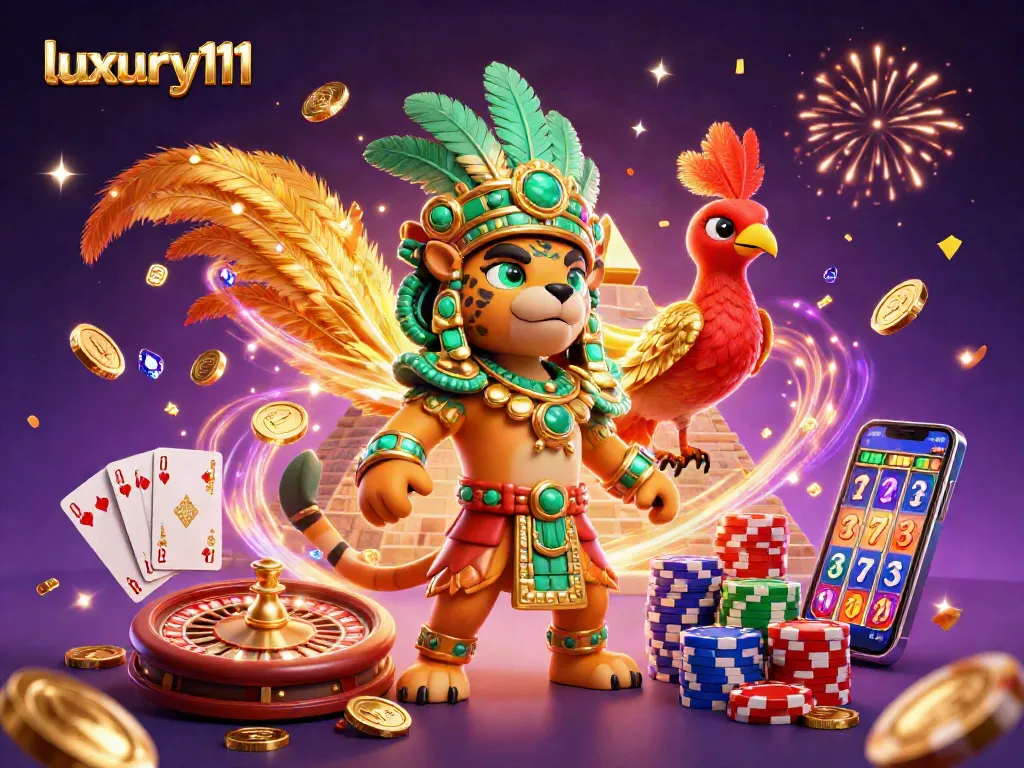 Experience luxurious wins with luxury111 in this vibrant 3D casino scene featuring dynamic game elements.