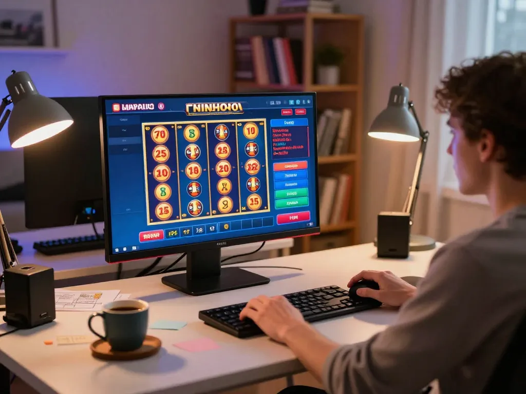 Menggunakan tablet untuk bermain situs slot di rumah dengan antarmuka yang cerah.