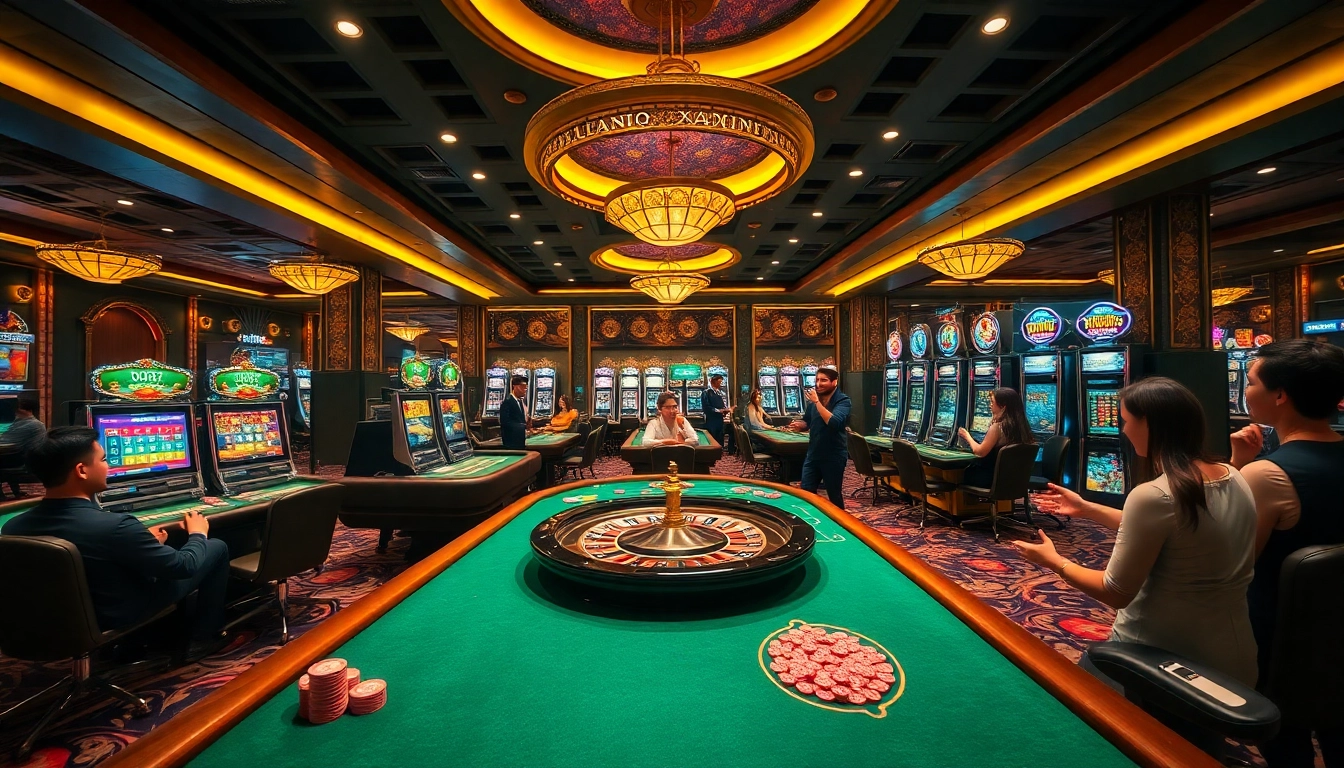 Players enjoying various games at Luckywin's luxurious casino setup, showcasing excitement.