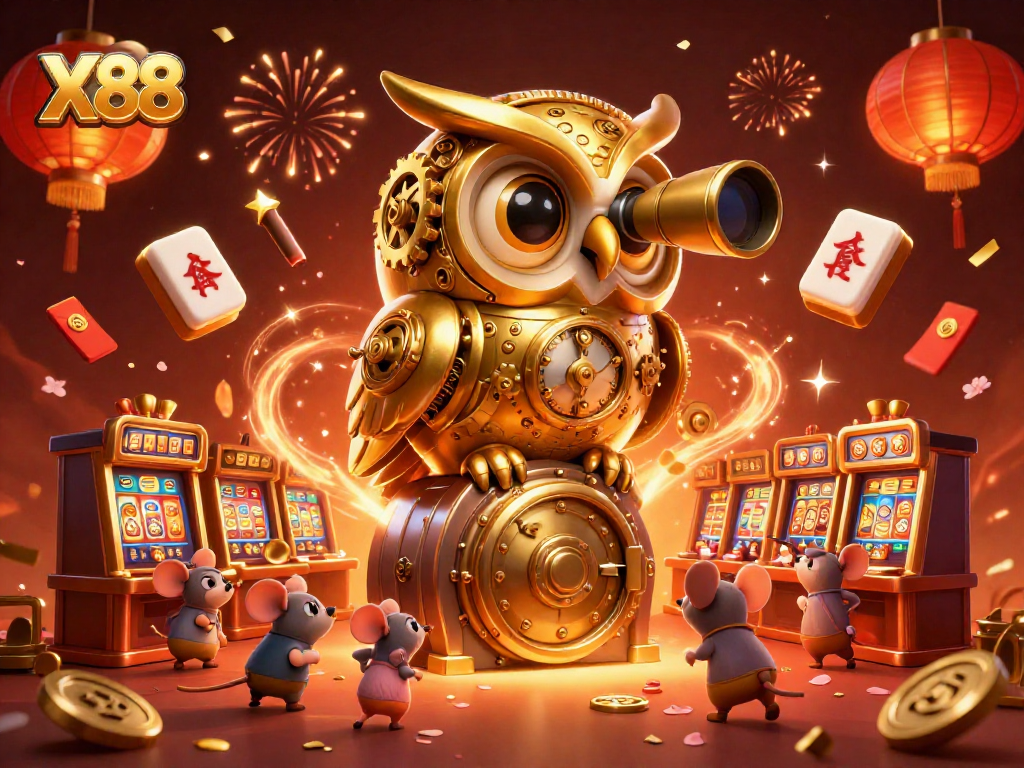 X88 showcases a lively scene with a golden owl watching over brass slot machines and festive elements.