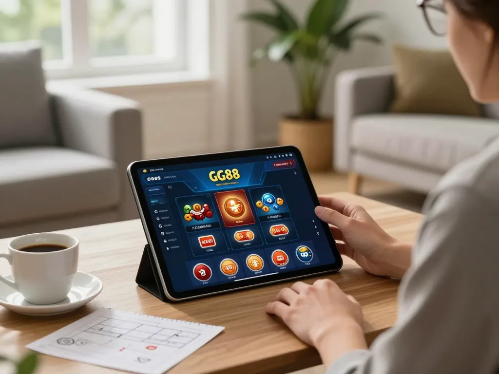 Person enjoying GG88 casino app on tablet in a cozy living room setting.