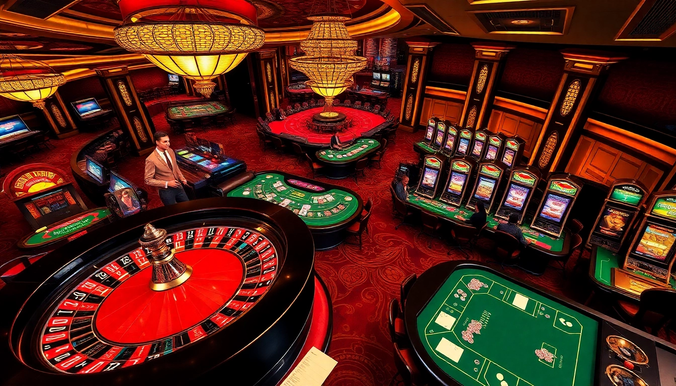 A high-energy casino scene at https://oxbet7.com/ featuring excited players at poker tables with roulette wheel.