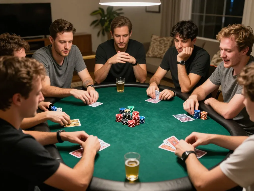 Experience the thrill of game đổi thưởng with friends at home poker night, showcasing intense gameplay and camaraderie.