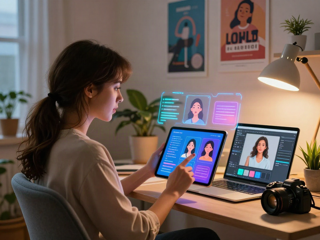 Engaging with an AI girlfriend interface in a modern home office setting.