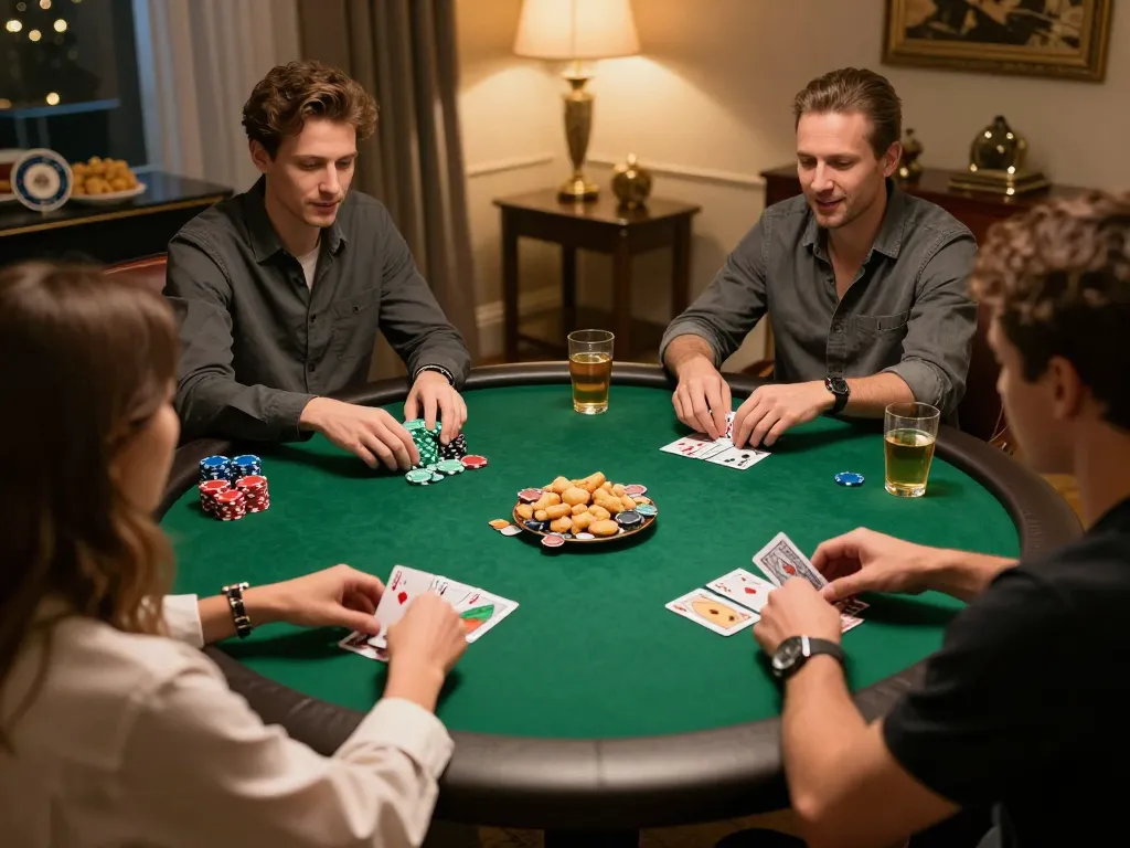 Players strategizing during a poker game at home, highlighting a social gambling atmosphere with elements from https://da88at.com/