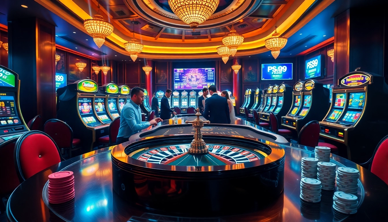 Players enjoy betting at a vibrant PS99 casino with roulette and slot machines.