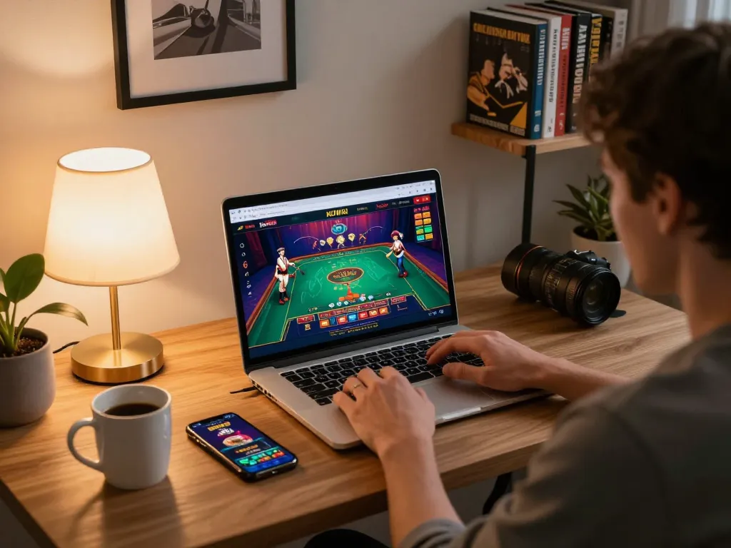 Kuwin player engaging in live dealer gaming at a stylish home desk, showcasing modern online gambling.