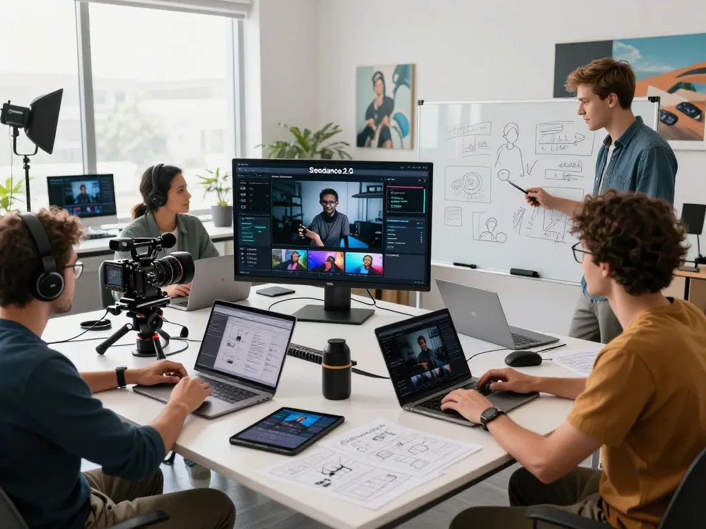 Seedance 2.0 video production team collaborating with advanced AI tools in a modern workspace.