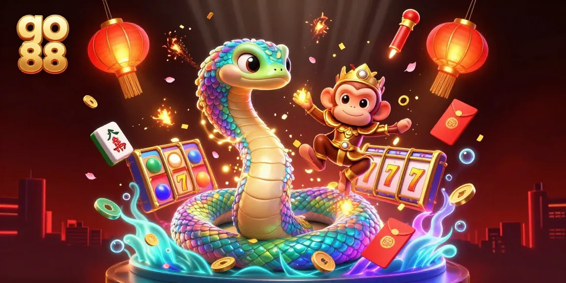 Experience the excitement of go 88 with a vibrant casino scene featuring a rainbow serpent, golden monkey king, and dynamic gaming elements.