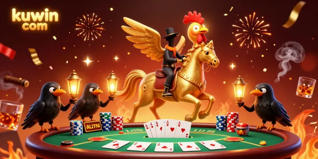 Join the action with kuwin com in a vibrant casino scene featuring exciting poker elements and magical energy swirls.