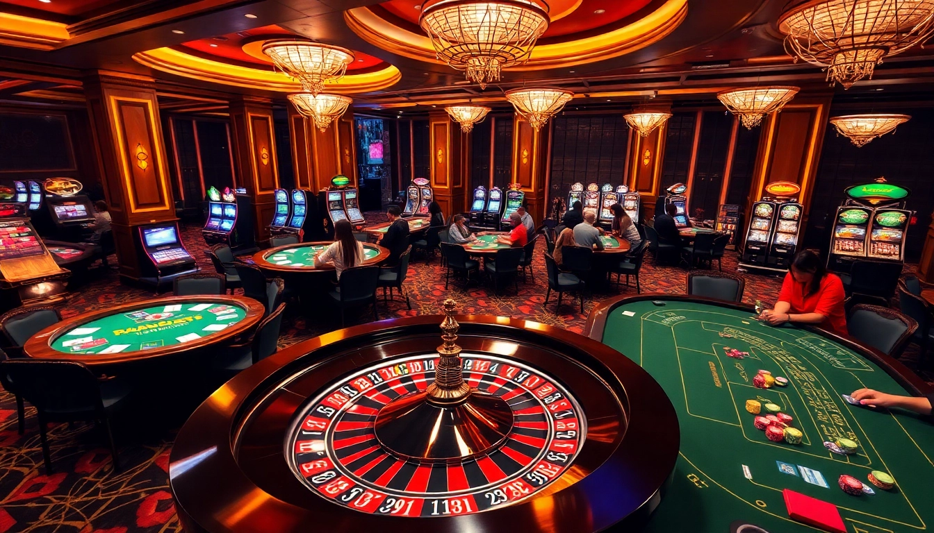 Players enjoying thrilling games at J88 casino, featuring roulette and poker tables filled with excitement.