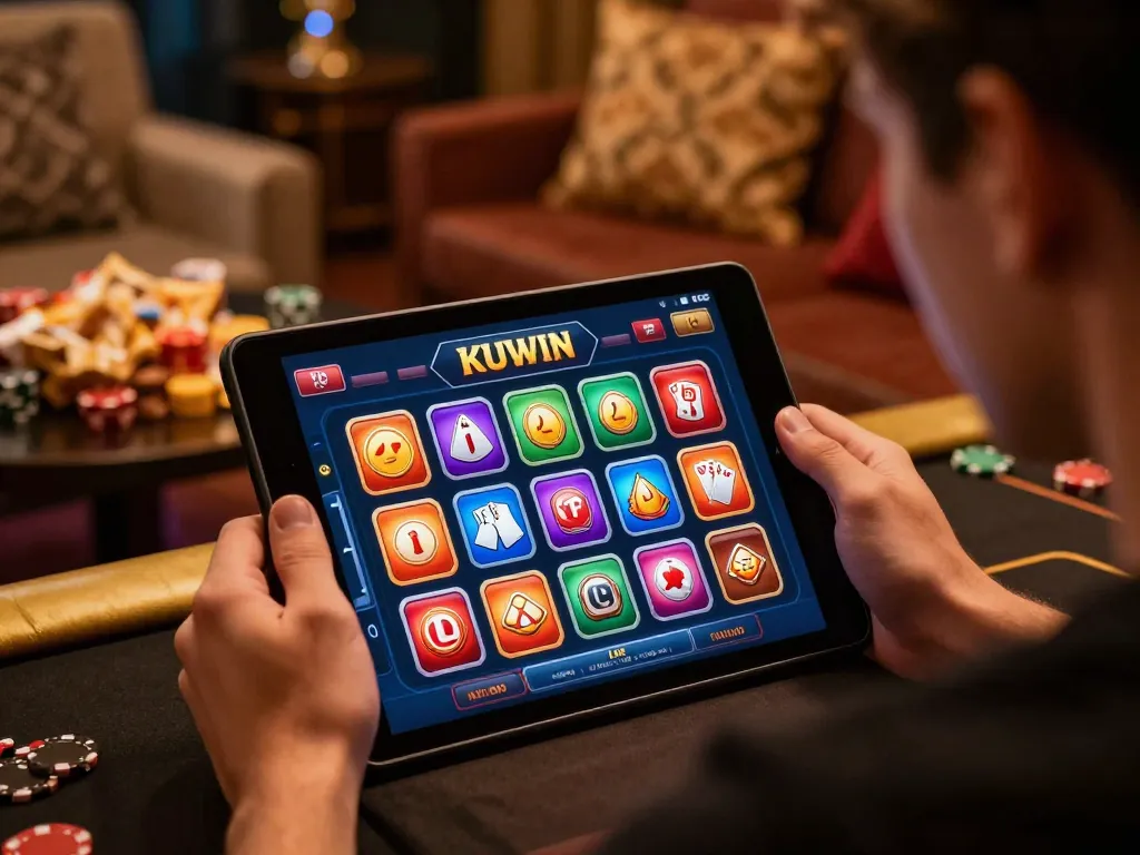 Kuwin player engaging in online casino gaming on tablet with vibrant interface and warm atmosphere.