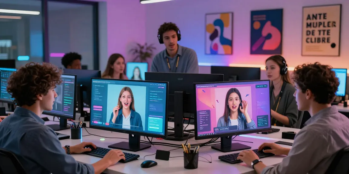 Engaging tech-driven scene of individuals interacting with sex chat ai avatars in a modern office, showcasing vibrant digital graphics.