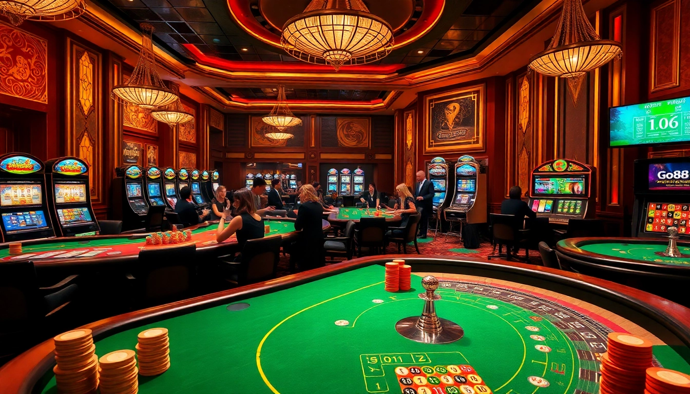 Engaging go88 casino scene with players at poker tables and vibrant slot machines.
