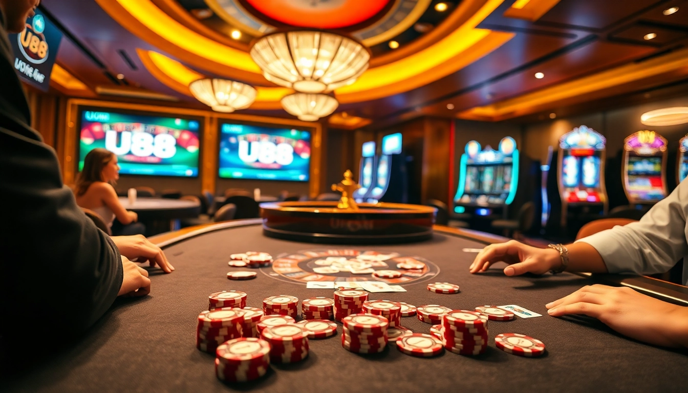 Players at a high-stakes poker table enjoying UU88 with vibrant chips and cards.