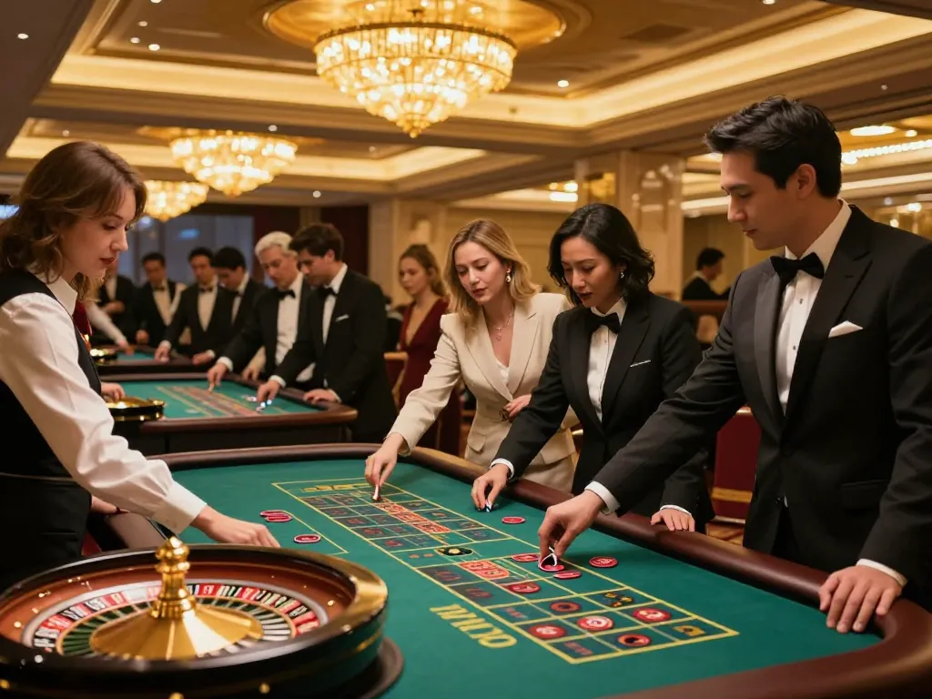 Fun79 INK players engage in exciting roulette gameplay at a luxurious casino.