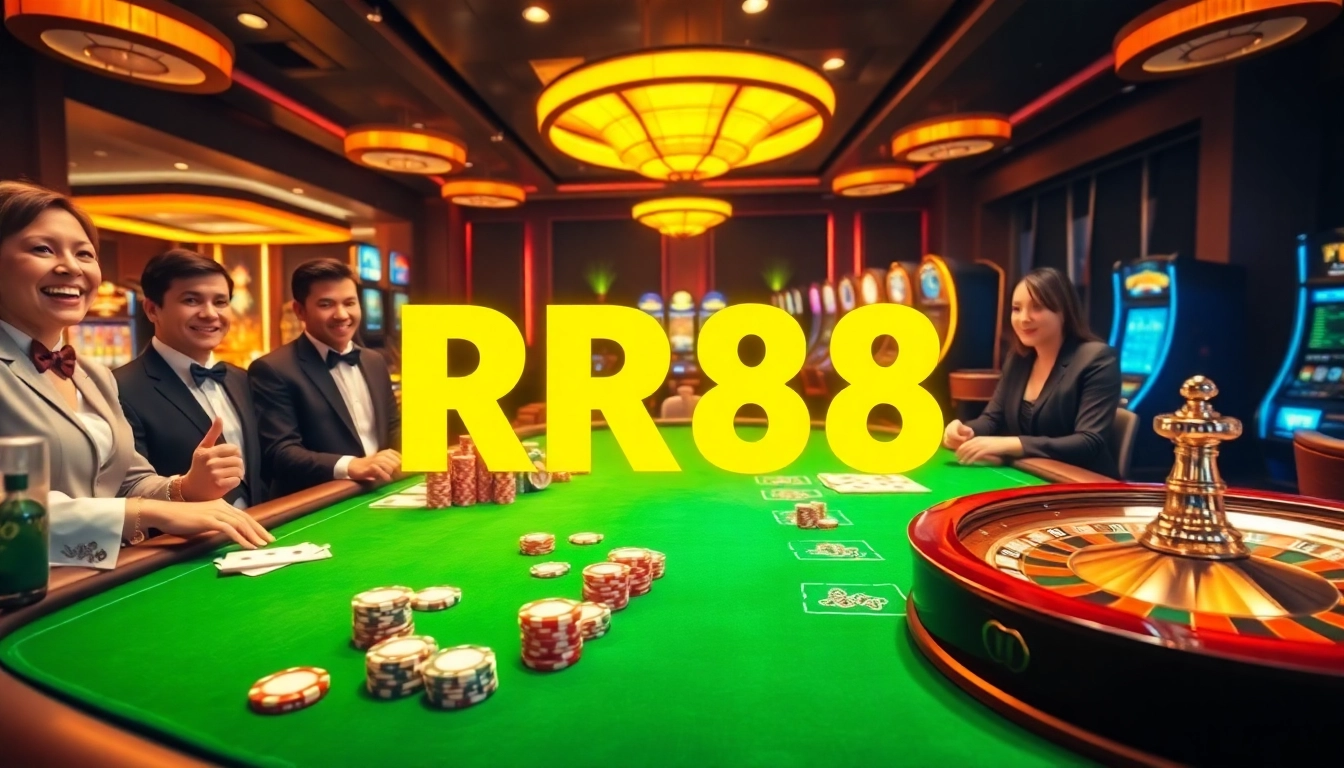 Experience the thrill of the RR88 game at a luxurious casino table filled with poker chips and cards.