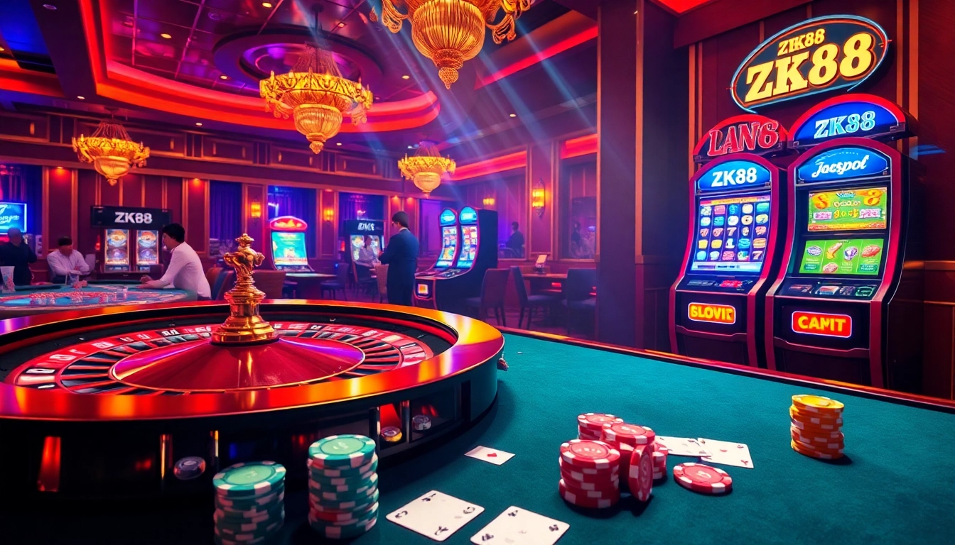 ZK88 players celebrating a Jackpot win at a luxurious casino table with vibrant lights and poker chips.