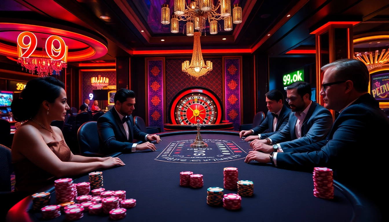 Players engage in a high-stakes poker game at 99 ok, surrounded by luxurious casino ambiance and vibrant colors.