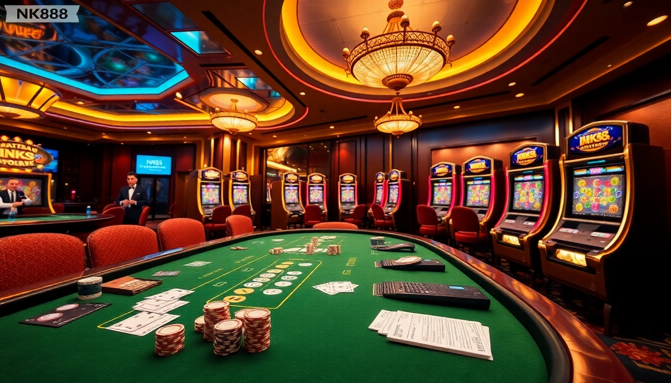 Engage with NK88's vibrant casino scene showcasing poker chips, dealers, and high-tech slot machines.