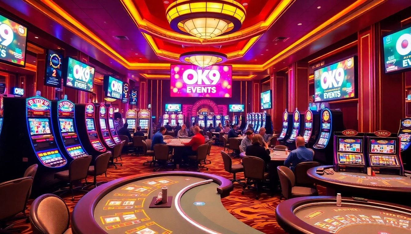 Exciting casino floor scene showcasing OK9 EVENTS with vibrant tables, slot machines, and eager players.