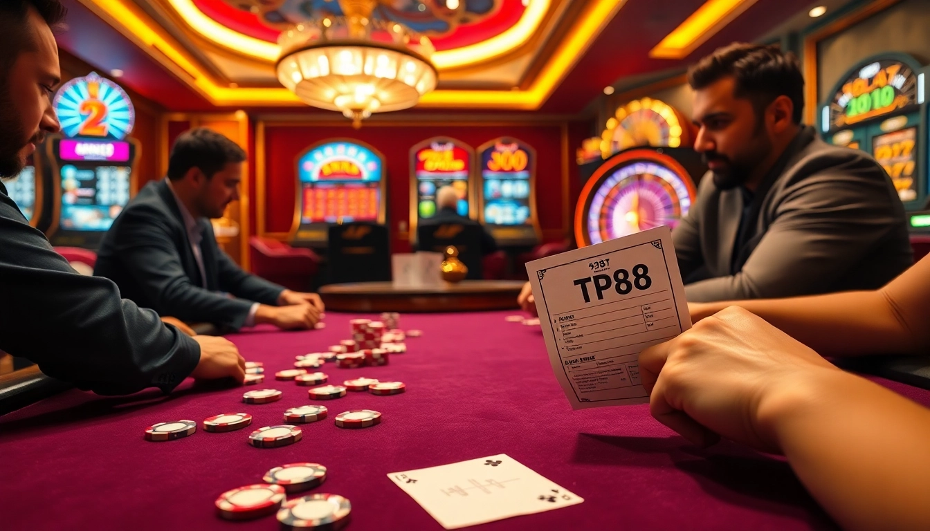 Players enjoying a thrilling poker game with TP88 betting slips at an elegant casino table.
