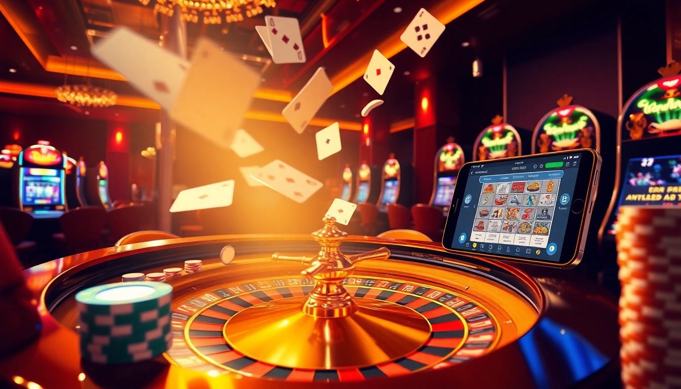 Experience the thrill of mb66 com with an exciting casino scene featuring roulette, cards, and vibrant slot machines.