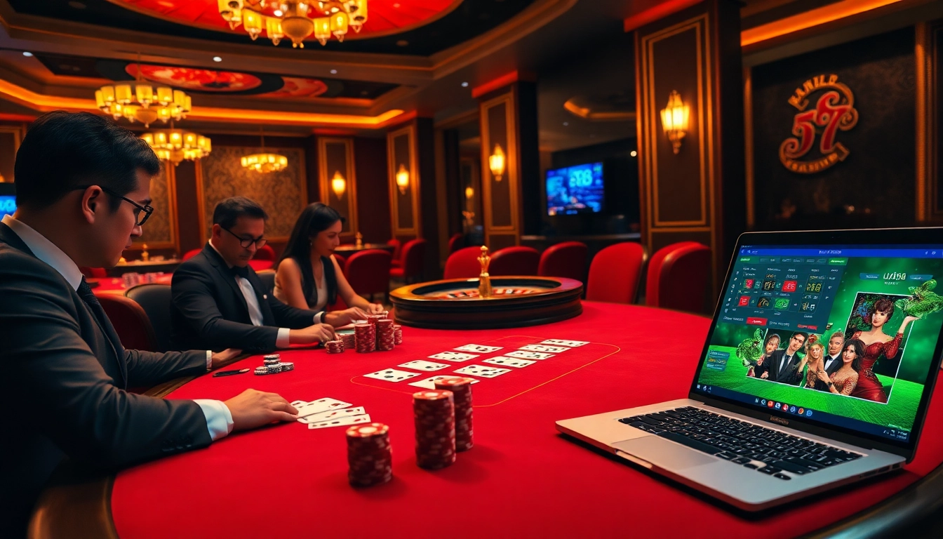 High-stakes poker game scene at uu88 casino with elegant players and vibrant casino elements.