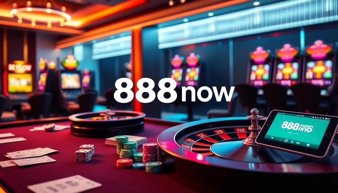 Engage in thrilling casino games at 888now, showcasing poker, roulette, and slot machines.