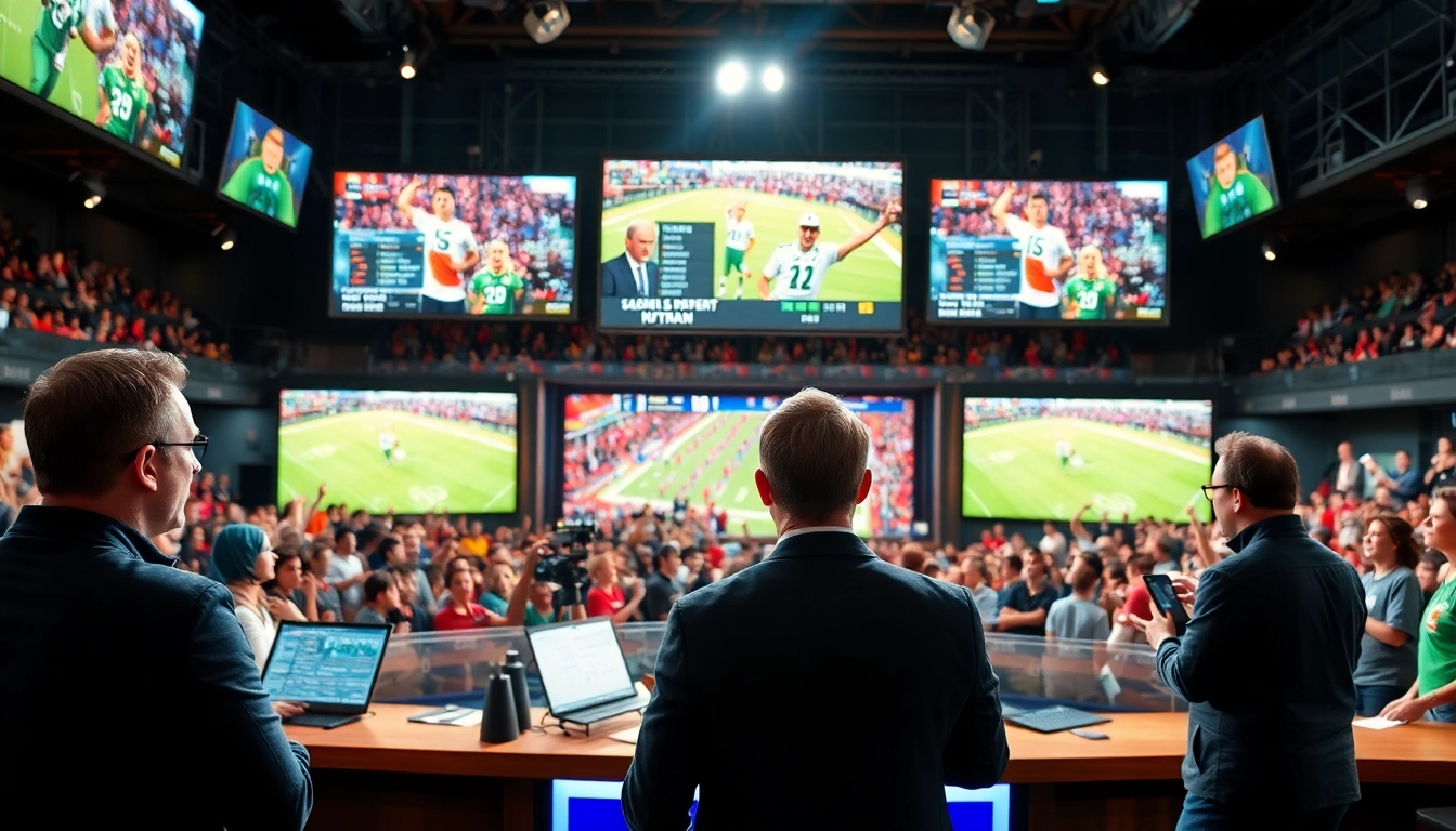 Engage with dynamic sports broadcasting atmosphere featuring enthusiastic presenters and live coverage.