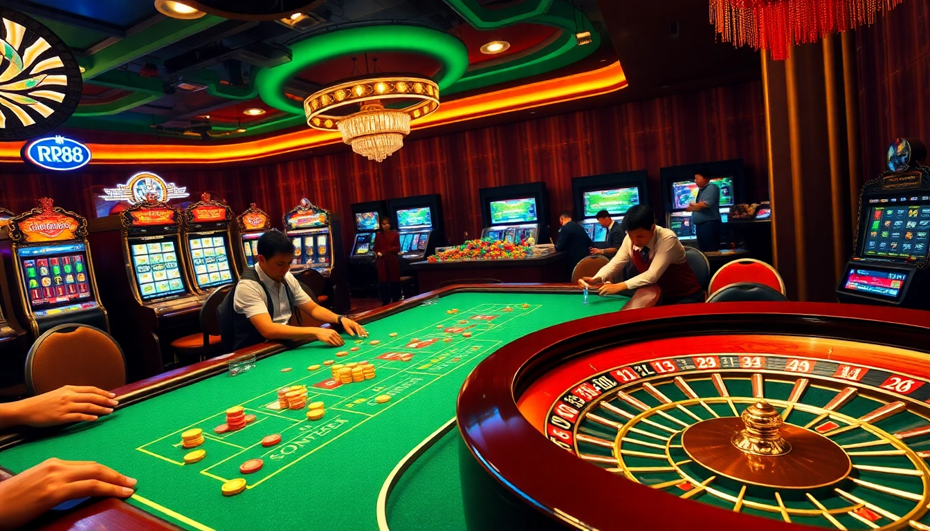 Players enjoying an RR88 game at an upscale casino table, surrounded by dynamic gaming atmosphere.
