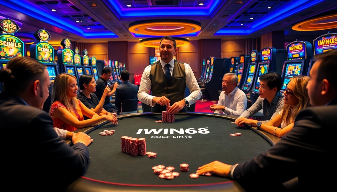IWIN68 branded poker table with players enjoying a luxury casino experience.