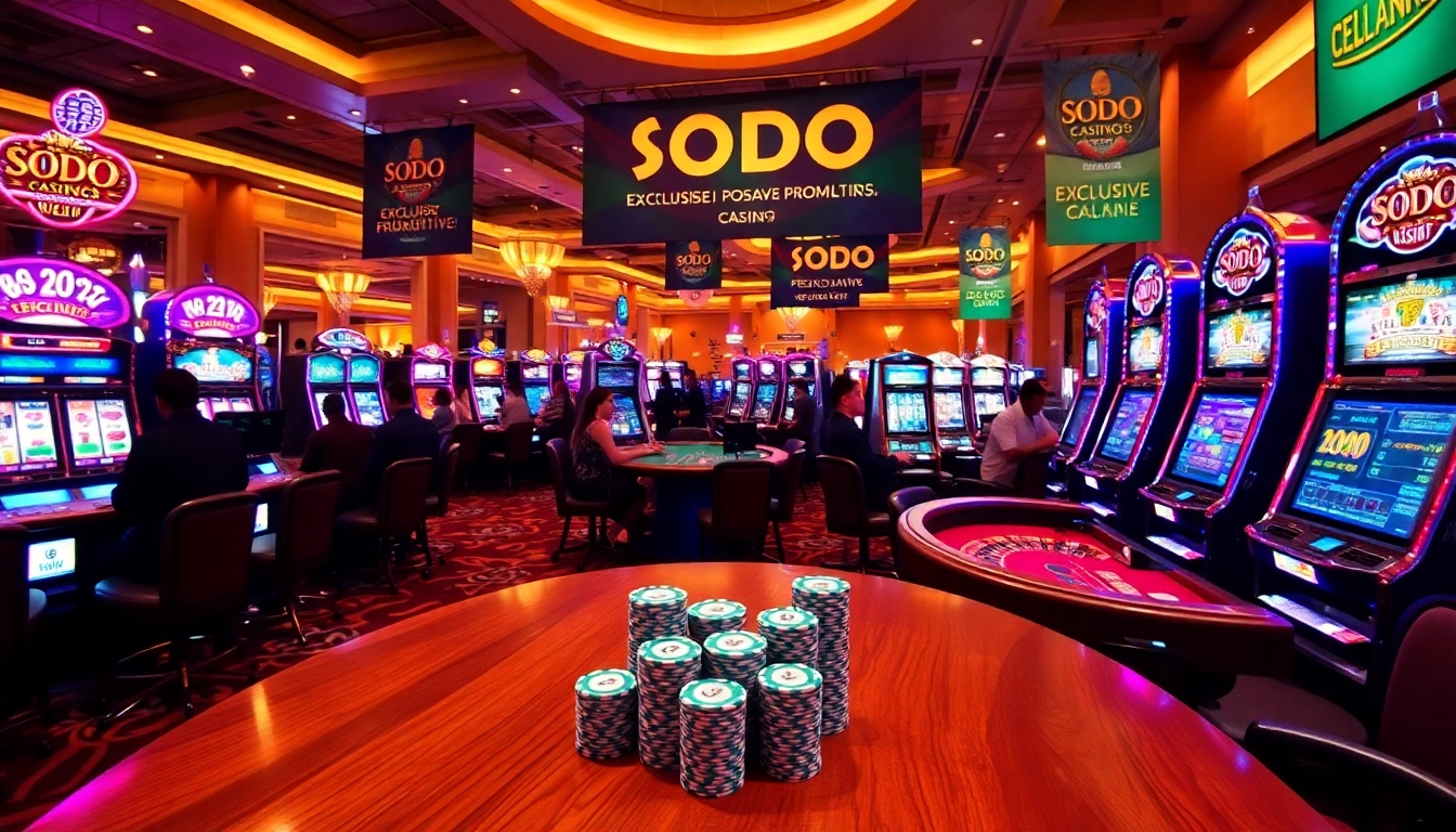 SODO Casino patrons enjoying classic table games and vibrant slot machines in a luxurious environment