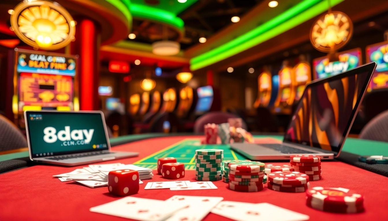 Experience the thrill of 8day.cn.com with vibrant casino tables, cards, and colorful poker chips in an exciting scene.